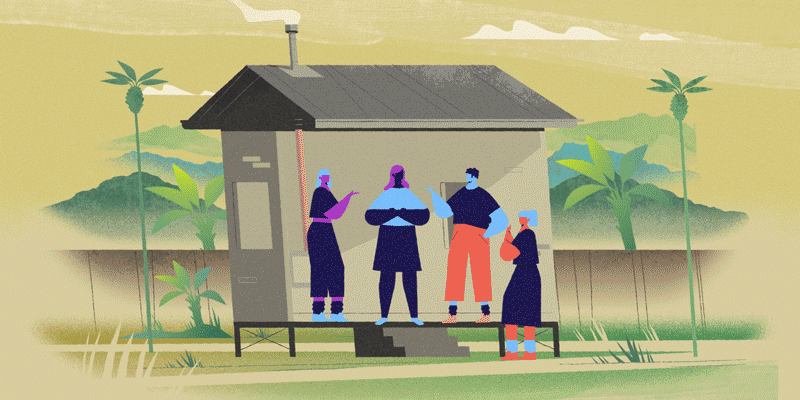An animation of two women and two men talking in front of a house, in a rural setting