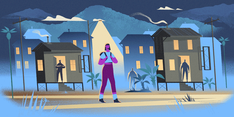 An animation of a woman walking through a dark street. There are words like 'anxiety and threat' that appear around her, as well as dark figures and illuminated eyes.