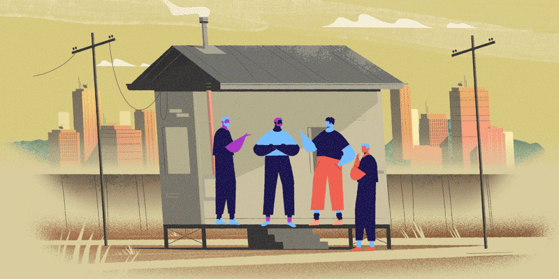 An animation of four men talking in front of a house in an urban setting