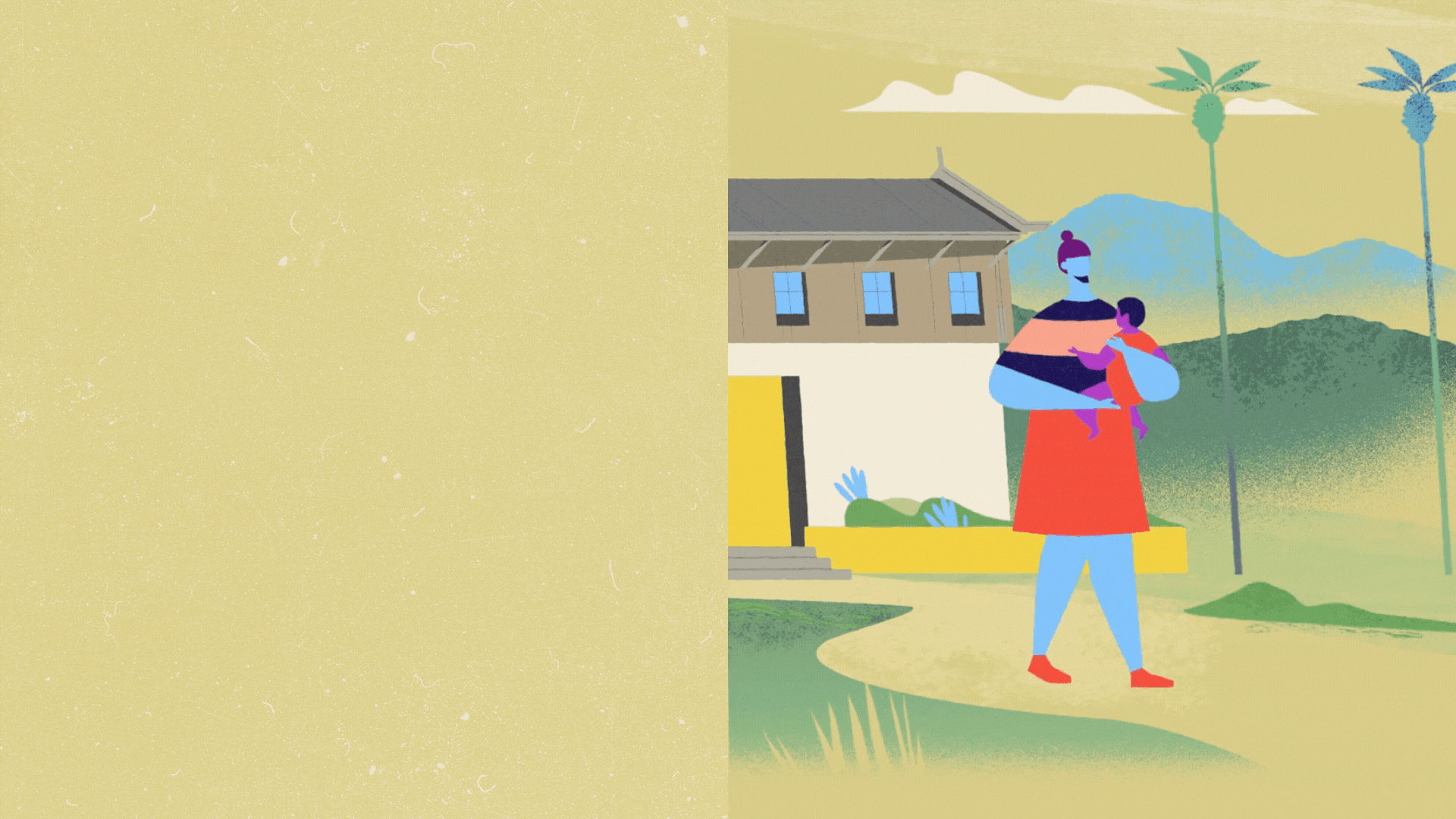 An animation of a woman, holding a child, walking in front of a house.