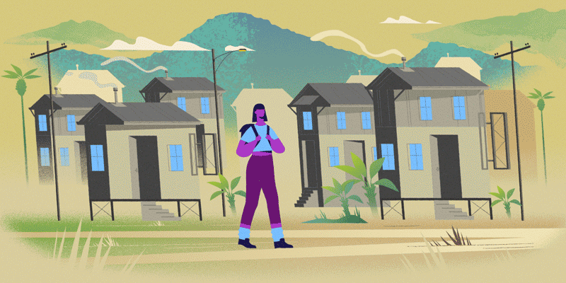 An animation of a woman walking through a street with houses in the background.