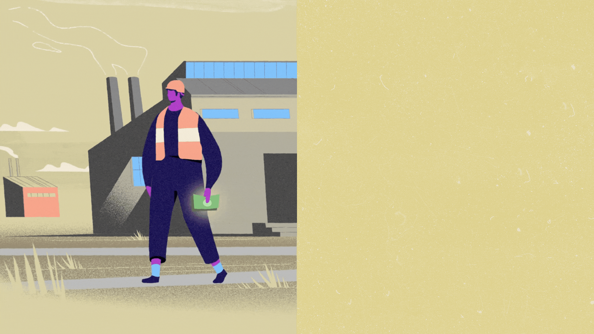 An animation of a man walking in high viz and a hard hat, with money in his hand, in front of a factory