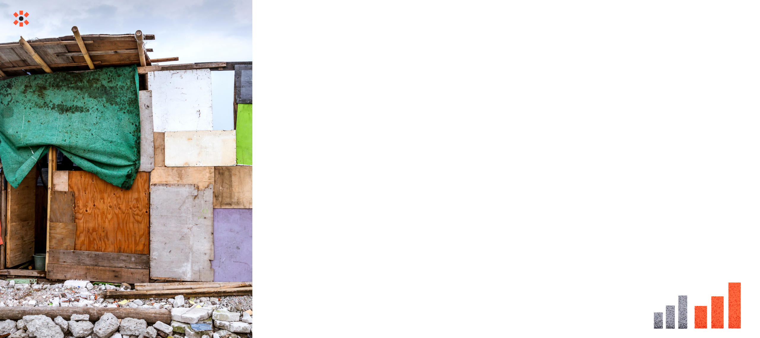 A home made from different materials including wood, fabric and different colour boards. There are medium sized rocks on the ground. The rest of the image is a grey background that sits under the text.
