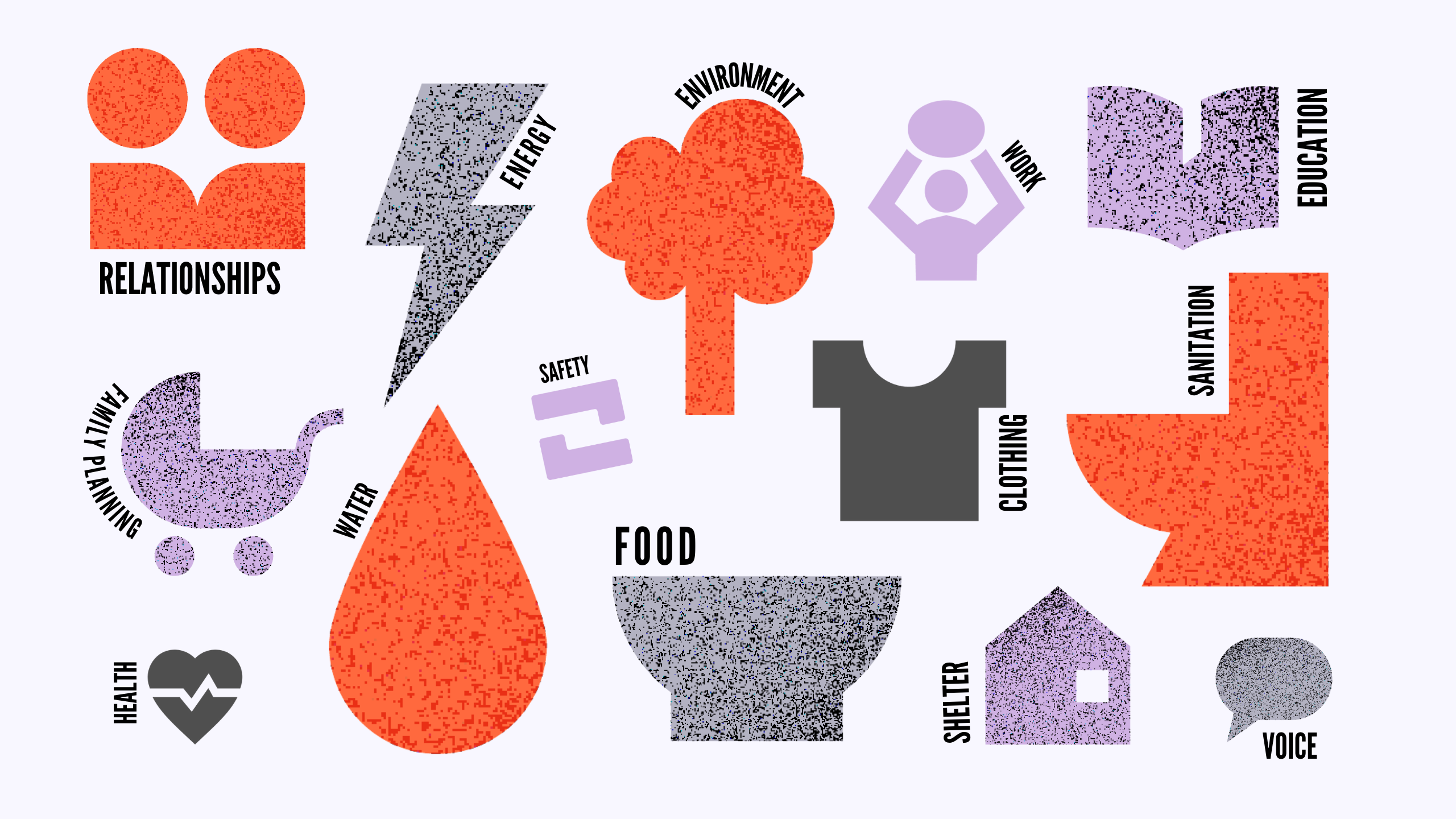 Icons representing the 15 dimensions that Equality Insights measures. The icons are purple, orange and grey and include a tree, a t-shirt, book, toilit, speech bubble, house, bowl, droplet, heart, pram, people, lightening bolt and an equals sign.