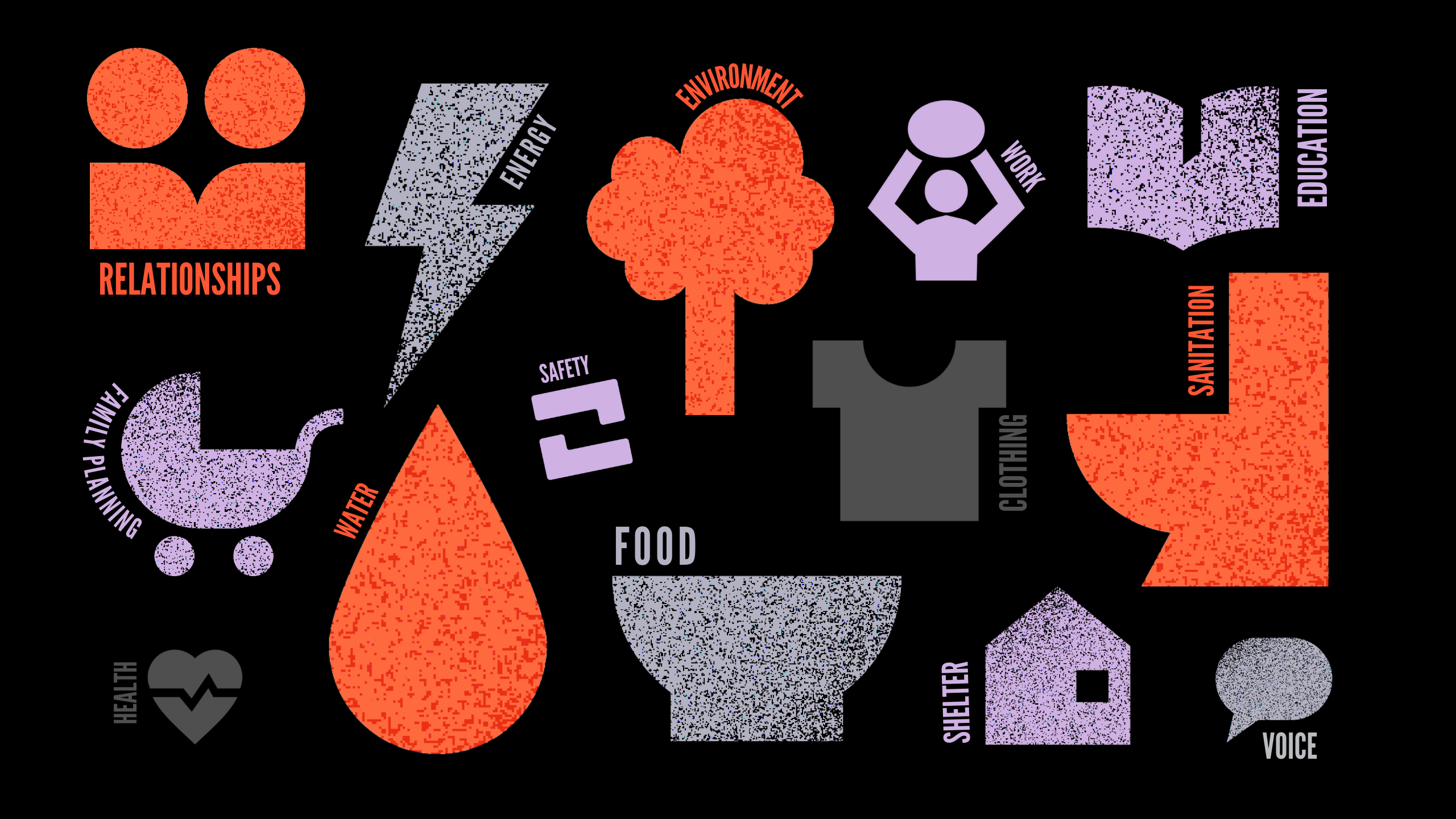 Icons representing the 15 dimensions that Equality Insights measures. The icons are purple, orange and grey and include a tree, a t-shirt, book, toilit, speech bubble, house, bowl, droplet, heart, pram, people, lightening bolt and an equals sign against a black background.