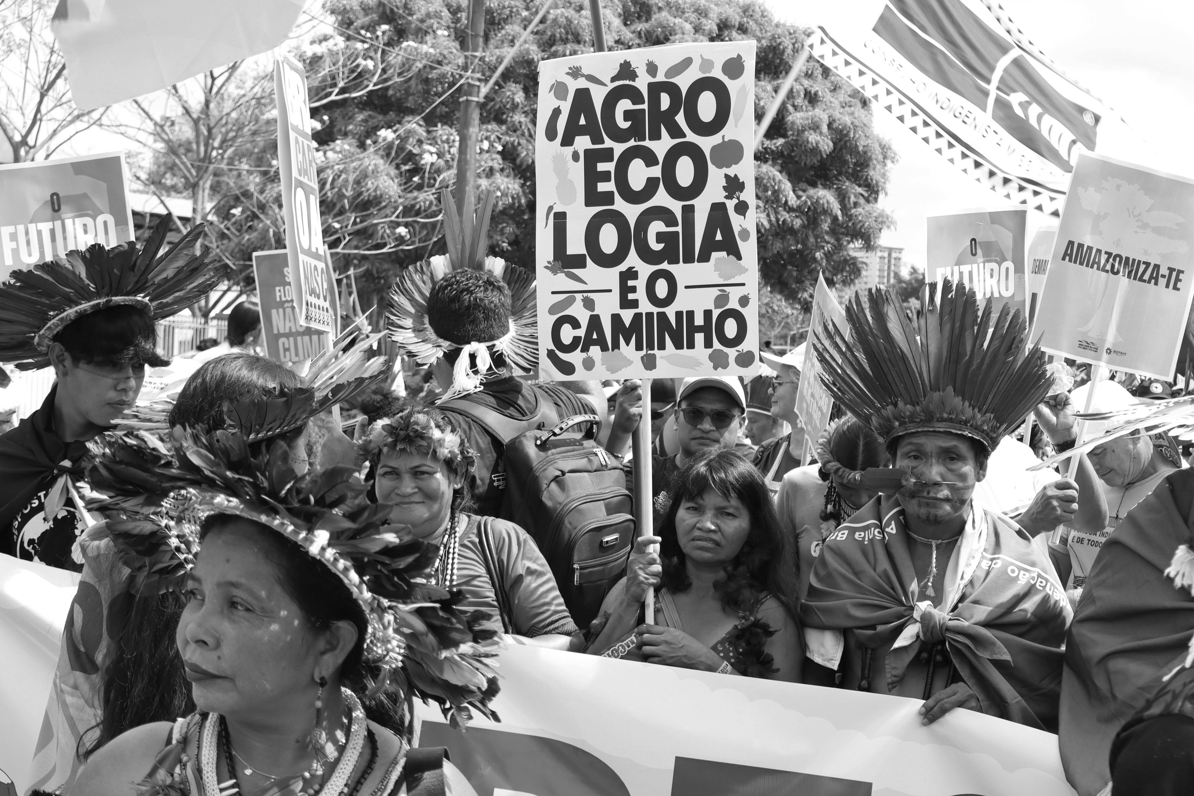 Indigenous people in traditional headdresses at a rally holding signs about protecting the Amazon