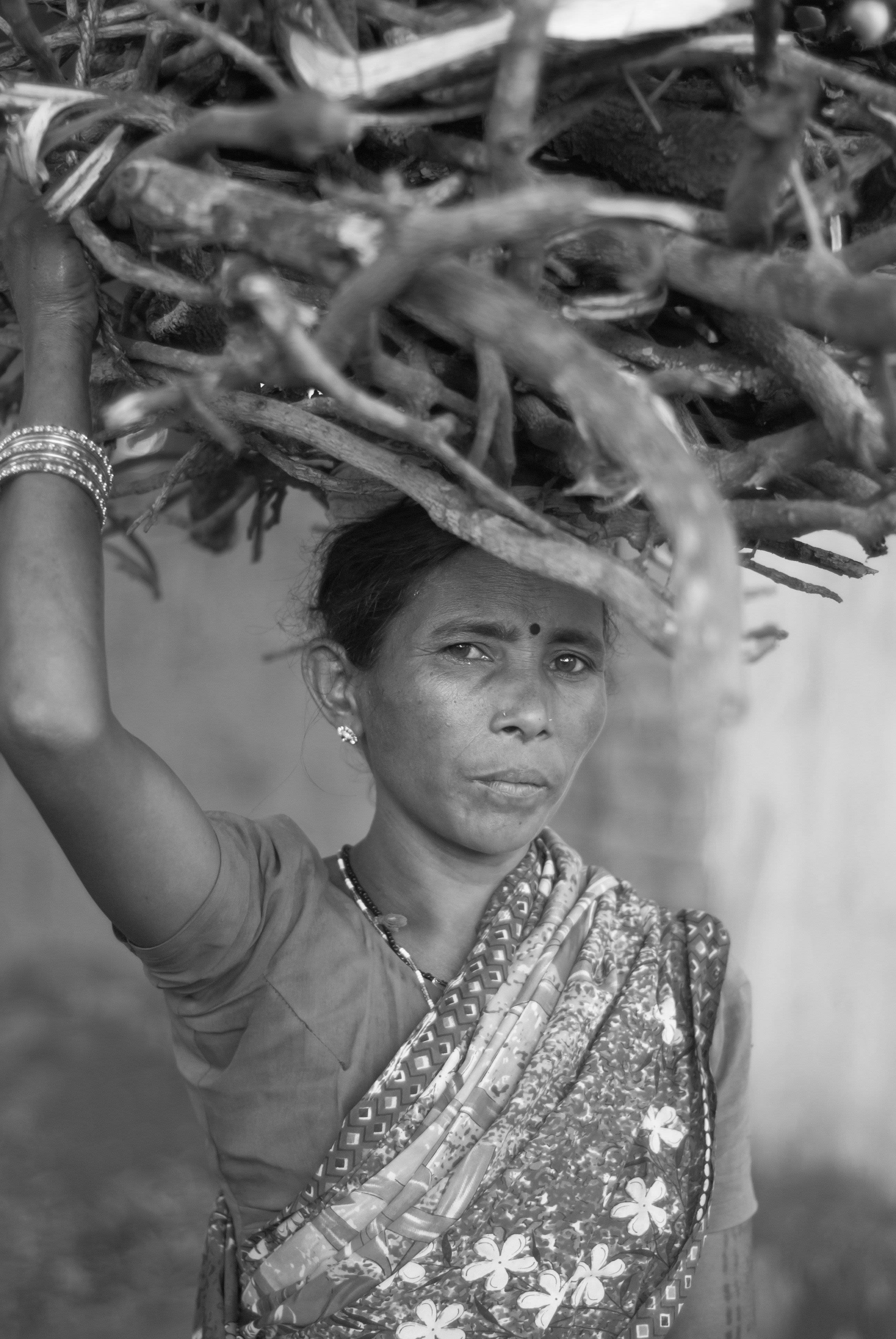 A South Asian woman is carrying a pile of sticks on her head