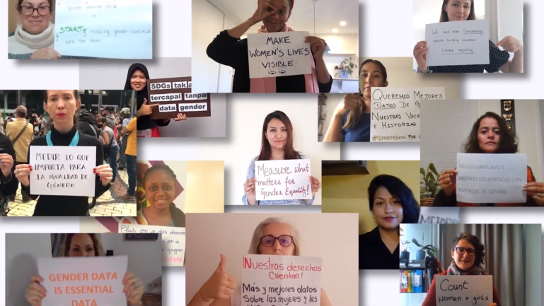 Screenshot of video with everyone holding up their sign with their data demands