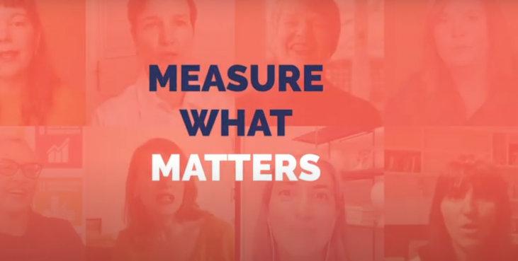 A series of faces underneath a red background and the text "measure what matters"