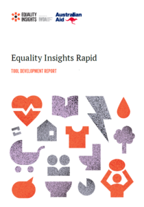 Report cover which has icons representing the 15 dimensions Equality Insights' measures. These icons are purple, grey and orange. There is some text with information about the report.