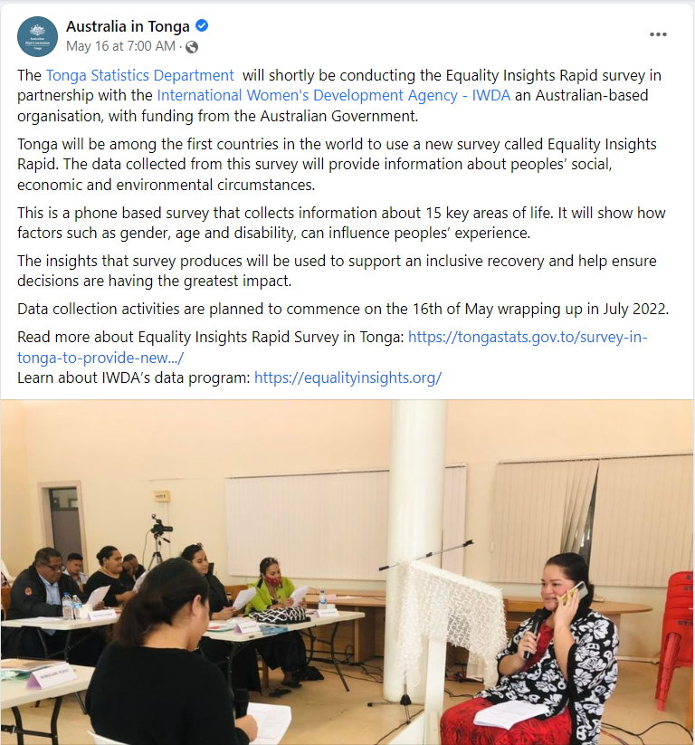 Screenshot of a facebook post by the Australian High Commission in Tonga about the Equality Insights Survey 