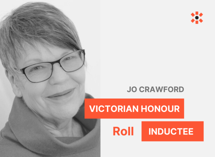 A black and white photo of Jo Crawford with text about being an indcutee into the Victorian Honour Roll