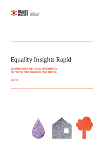 Report cover which has text that says "Equality Insights Rapid Examining Water, Shelter, and Environment in the context of the volcanic eruption in Tonga". Icons of a water drop, house and tree line the bottom of the page.