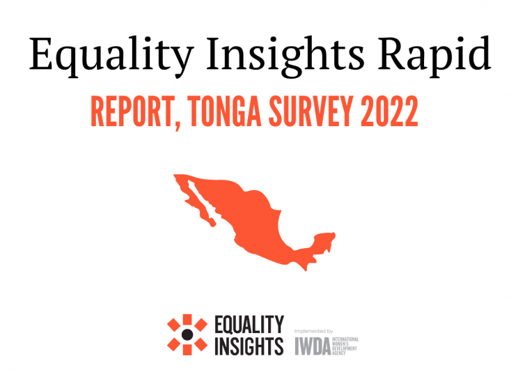 Equality Insights Rapid Report, Tonga Survey 2022. Features an image of Tonga in orange and the Equality Insights logo down the bottom