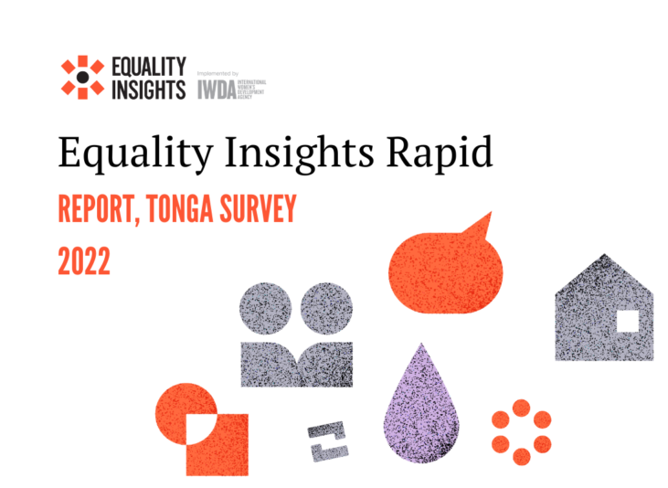 Text says "Equality Insights Rapid Report, Tonga Survey 2022". A series of orange and grey icons surround the text representing the dimensions measured by this poverty measure.