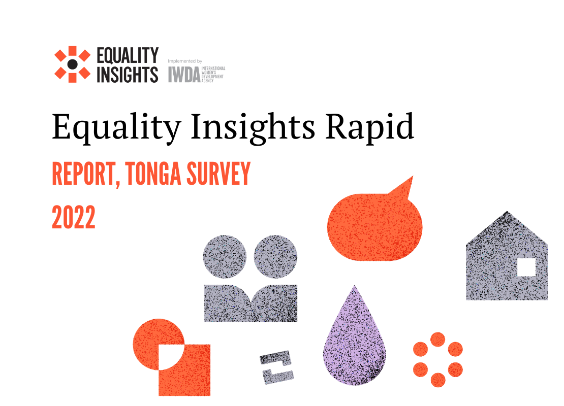 Text says "Equality Insights Rapid Report, Tonga Survey 2022". A series of orange and grey icons surround the text representing the dimensions measured by this poverty measure.