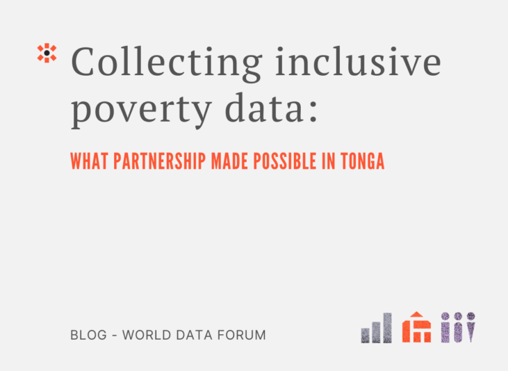 Large grey and orange text which reads Collecting inclusive poverty data: what partnership made possible in Tonga'. There are three small icons representing data and people.