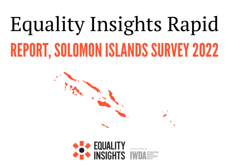 Equality Insights Rapid Report, Solomon Islands Survey 2022. Features an image of Solomon Islands in orange and the Equality Insights logo down the bottom