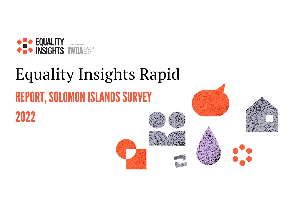 Text says "Equality Insights Rapid Report, Solomon Islands Survey 2022". A series of orange and grey icons surround the text representing the dimensions measured by this poverty measure.