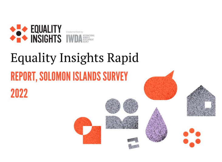 Text says "Equality Insights Rapid Report, Solomon Islands Survey 2022". A series of orange and grey icons surround the text representing the dimensions measured by this poverty measure.