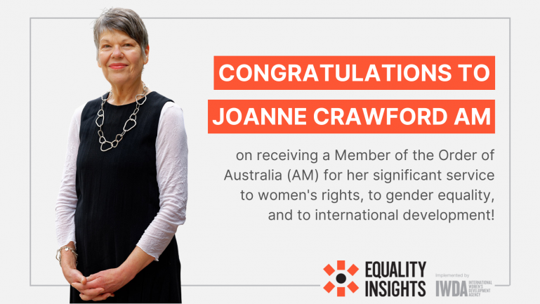Congratulations to Joanne Crawford AM on receiving a Member of the Order of Australia (AM) for her significant service to women's rights, to gender equality, and to international development!
