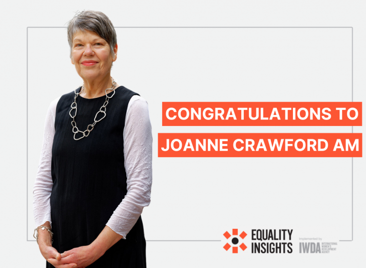 A picture of Joanne Crawford is on the left hand side, next to the words 'Congratulations to Joanne Crawford AM' on the right