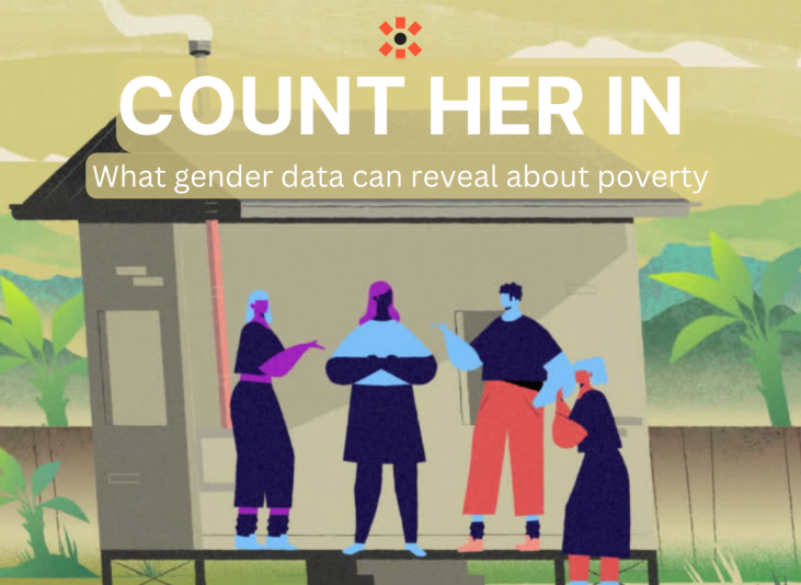 An animated graphic of people standing outside a house in the Pacific talking. The words 'Count her in: what gender data can reveal about poverty' is written on the top.