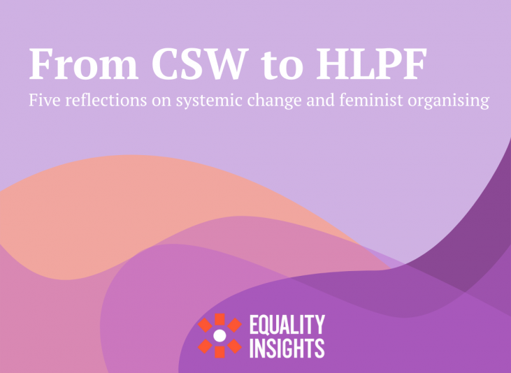A purple background with an orange and dark purple wave. On it, text that reads 'From CSW to HLPF: Five reflections on systemic change and feminist organising'