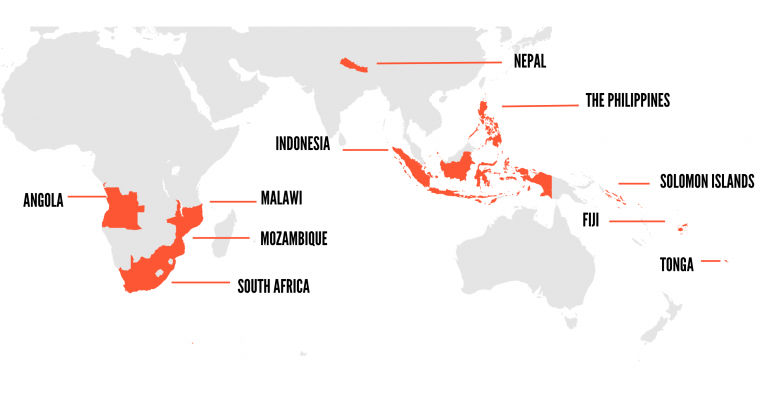 An image of a world map, highlighting the countries where Equality Insights have undertaken surveys