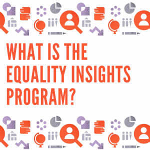 A white tile with Equality Insights dimensions at the top and bottom, surrounding the words 'What is the Equality Insights Program?'