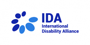 The logo of the International Disability Alliance which has a series of blue dots in a circle