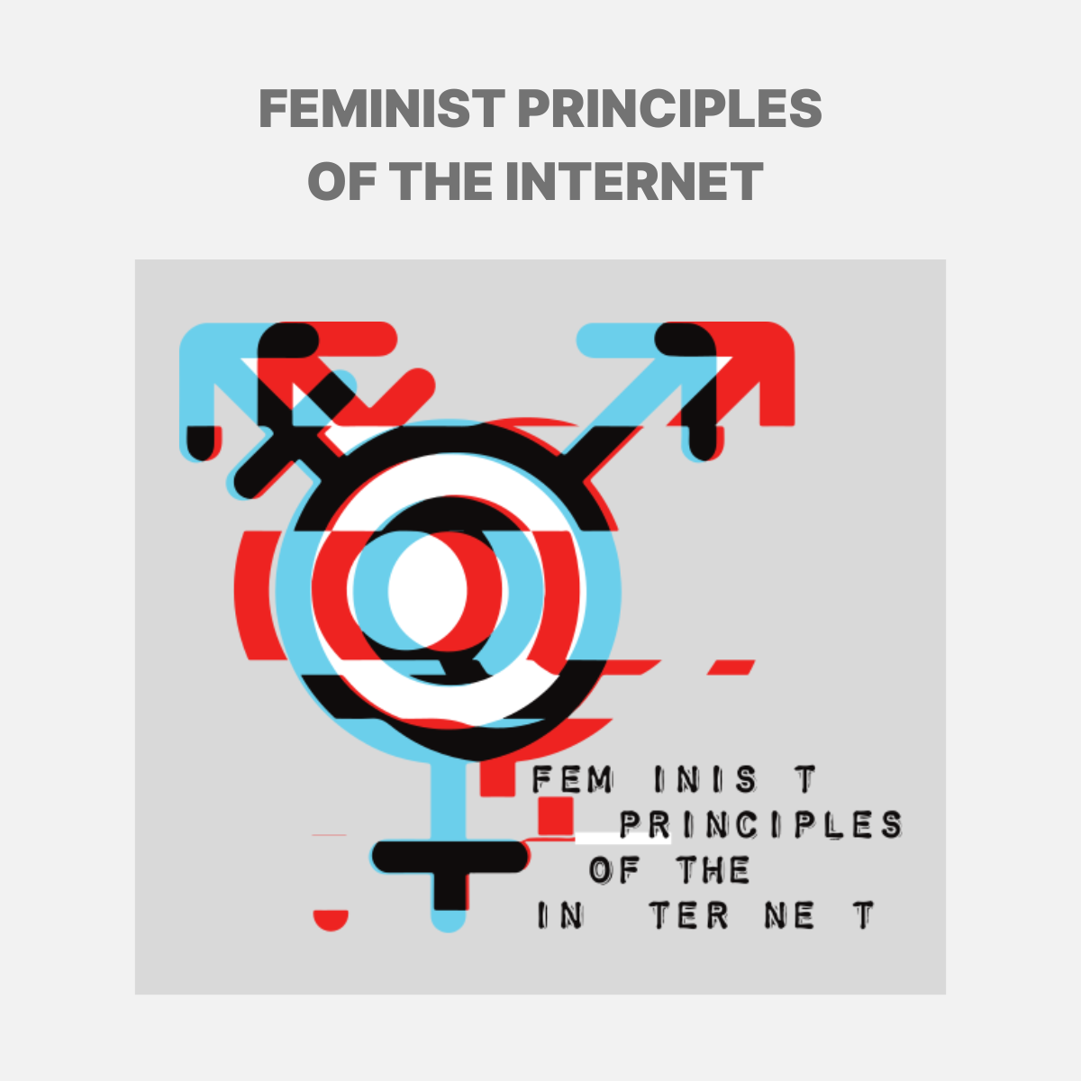 Blue and read gender symbols that are slightly distorted. Text reads 'Feminist Principles of the Internet'