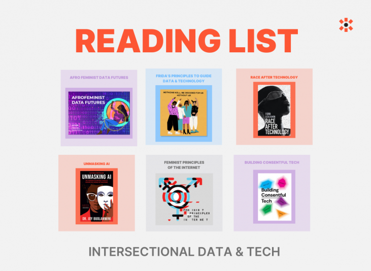The covers of a range of different resources exploring intersectionality, data, and technology