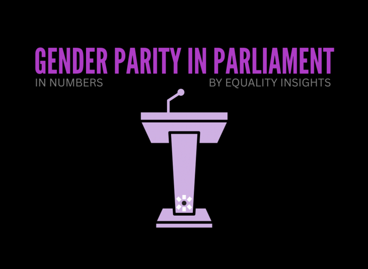 A black tile with the words ' gender parity in parliament' in a dark purple. Underneath in a grey reads 'in numbers… by Equality Insights'. There is a light purple podium in the centre with an Equality Insights logo at the bottom of it.