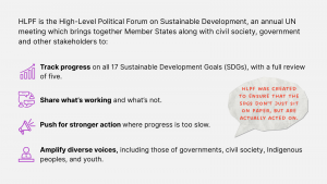 HLPF is the High-Level Political Forum on Sustainable Development, an annual UN meeting which brings together Member States along with civil society, government and other stakeholders to: • Track progress on all 17 Sustainable Development Goals (SDGs), with a full review of five. • Share what’s working and what’s not. • Push for stronger action where progress is too slow. • Amplify diverse voices, including those of governments, civil society, Indigenous peoples, and youth. HLPF was created to ensure that the SDGs don’t just sit on paper, but are actually acted on.