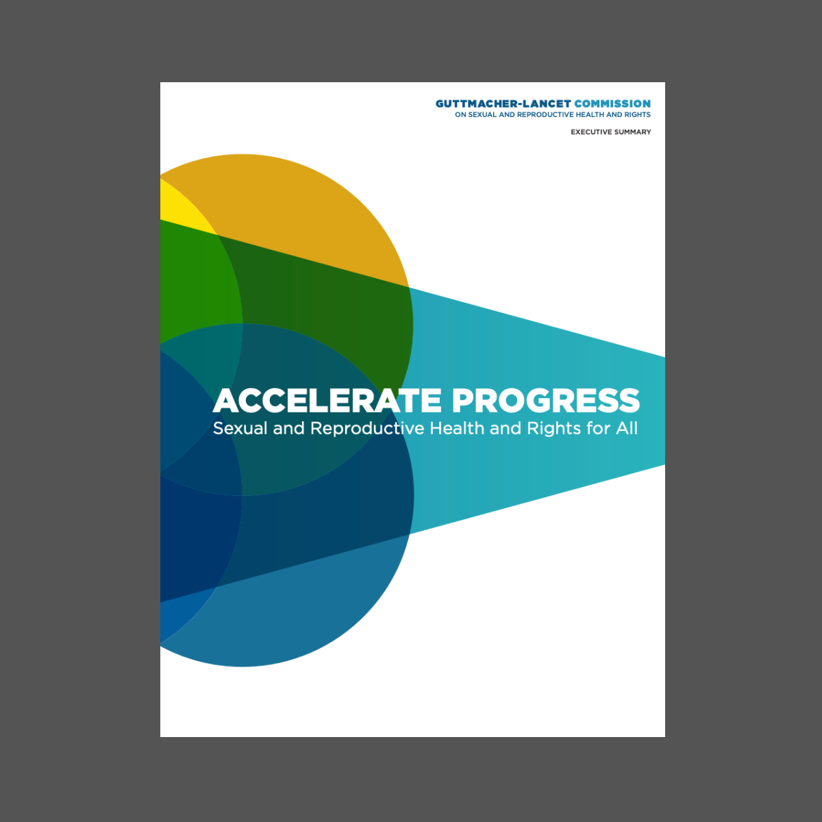 The report cover which includes a series of blue, green and yellow shapes and the title of the report.