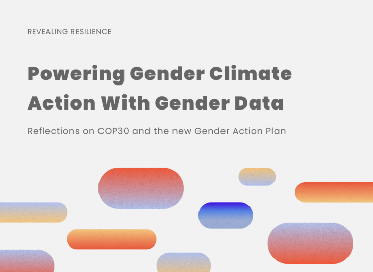 A series of multicolour bars move across the bottom. Text reads 'Powering gender climate action with gender data'