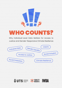 Blue and orange exclamation and question marks with text below about individual-level data, access to justice, and gender-sensitive climate resilience.