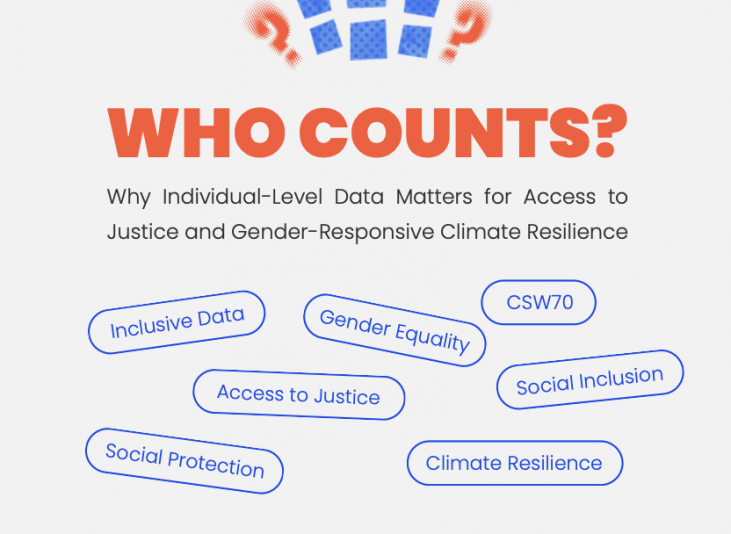 Blue and orange exclamation and question marks with text below about individual-level data, access to justice, and gender-sensitive climate resilience.