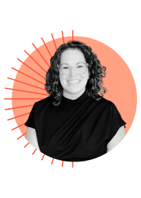 Black and White photo of Joanna Pradela on an orange circle
