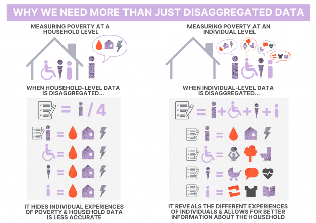 Infographic two columns of icons under a house and a scoresheet that shows the difference between household level data and individual level data.