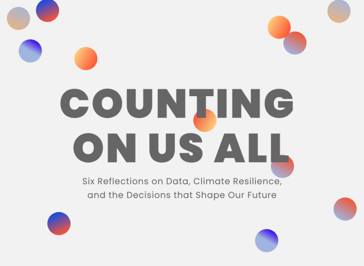 Graphic with the bold headline 'COUNTING ON US ALL' and a subtitle about data, climate resilience, and the future, surrounded by multicolored gradient circles on a pale background.