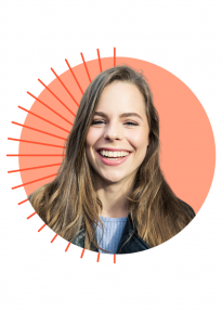 Portrait of a smiling young woman with long brown hair with an orange circle and radial lines behind her.